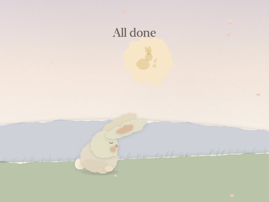 The All done screen: a paper bunny settles down beneath a butter-yellow moon.