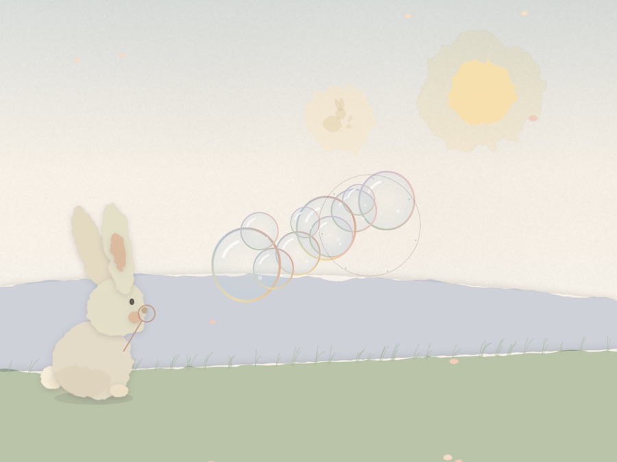 Bunny blows translucent bubbles across the meadow.