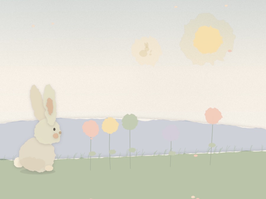 Pastel paper flowers growing beside bunny on the hill.