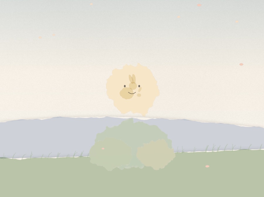 A smiling moon peeks out from behind a round paper bush.