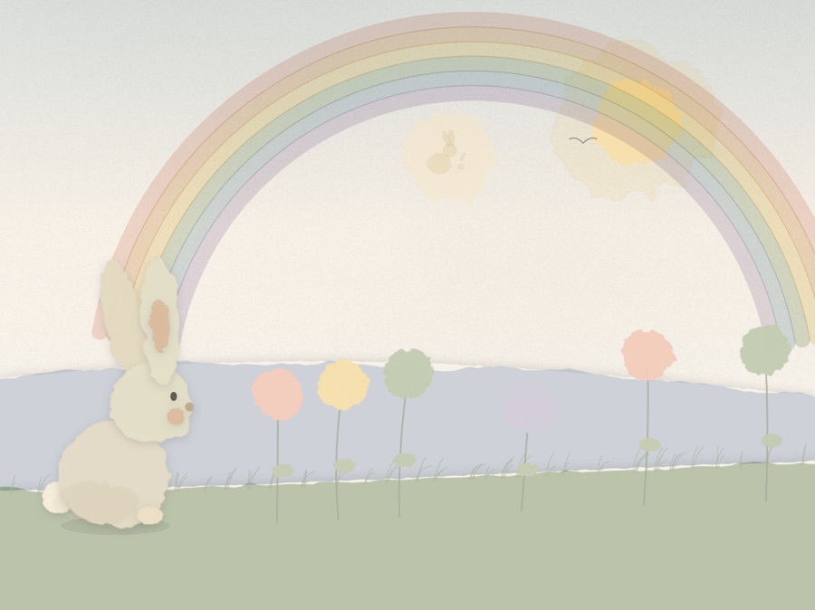 A pastel rainbow over bunny’s flower-filled hill.